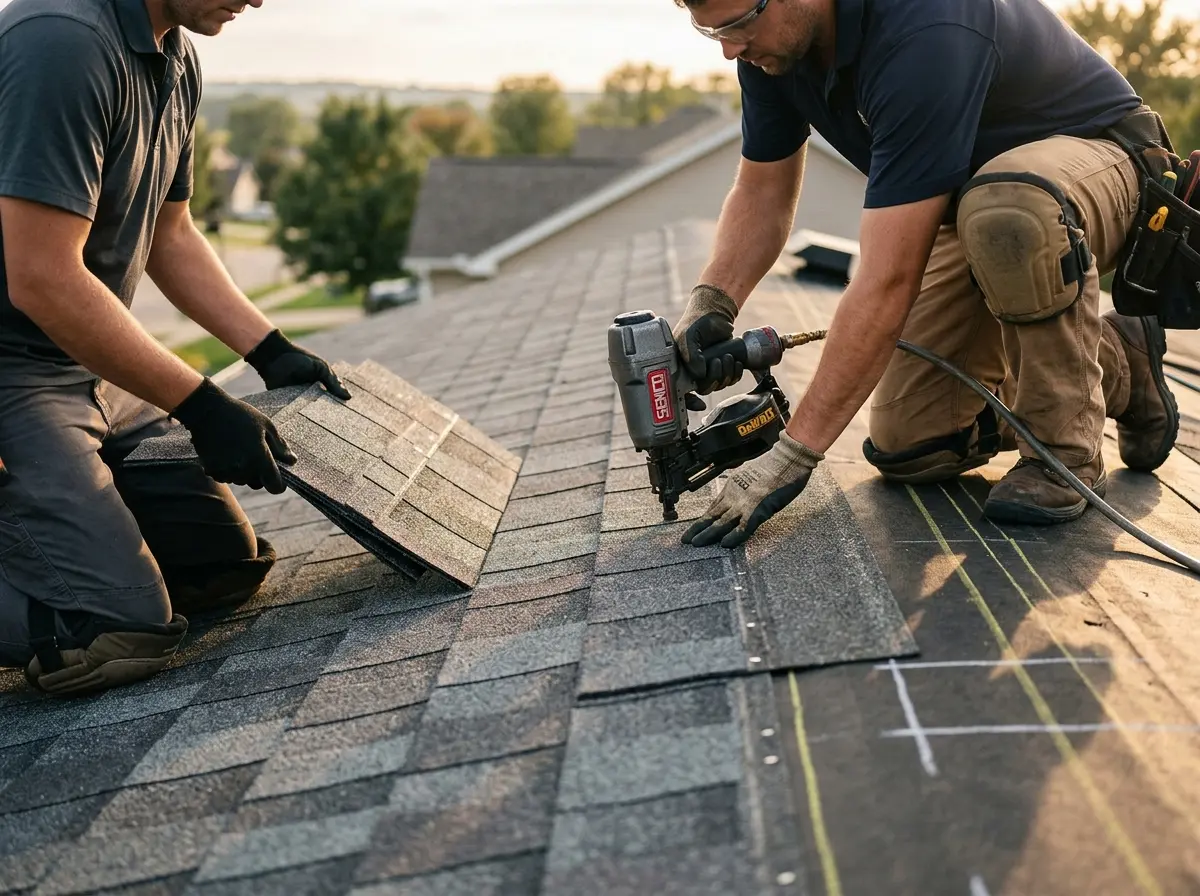 Professional roofer working on a residential roof in Grovetown